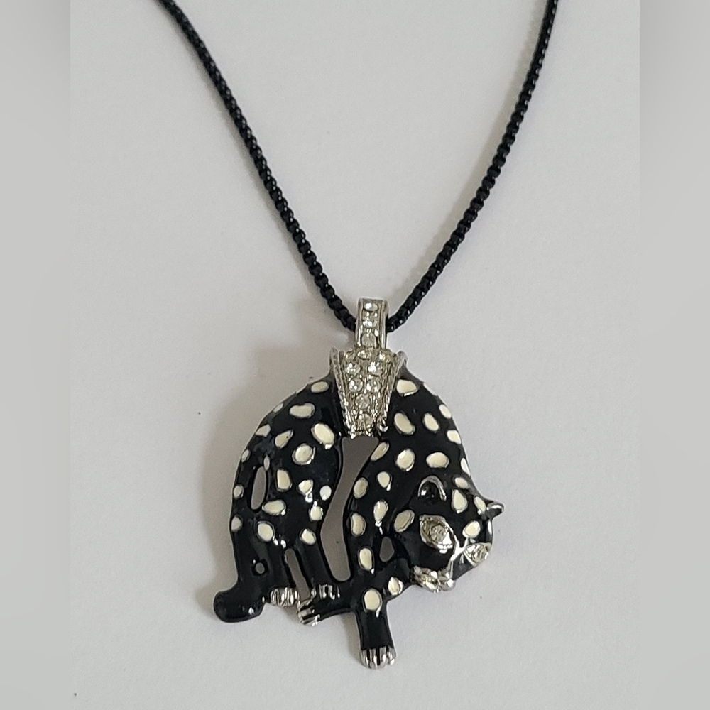 Vintage Black Spotted Leopard Panther Rhinestone Silver Metal Pendant Necklace